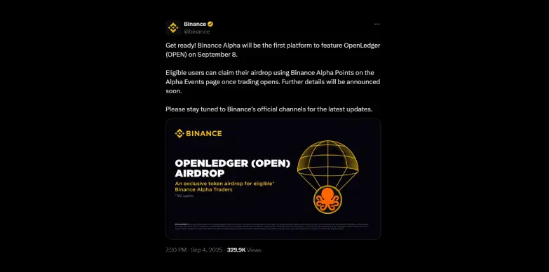 Binance Alpha announces OpenLedger (OPEN) on September 8